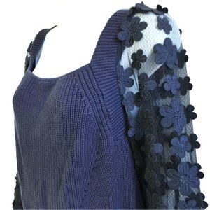 Blue Knit Sweater Industry Long Sheer Mesh Sleeve 3D Flowers Square Neck M